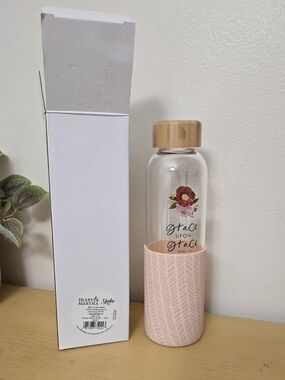 Mary & Martha Grace Upon Grace Glass Water Bottle with Pink Sleeve. NIB. 18oz